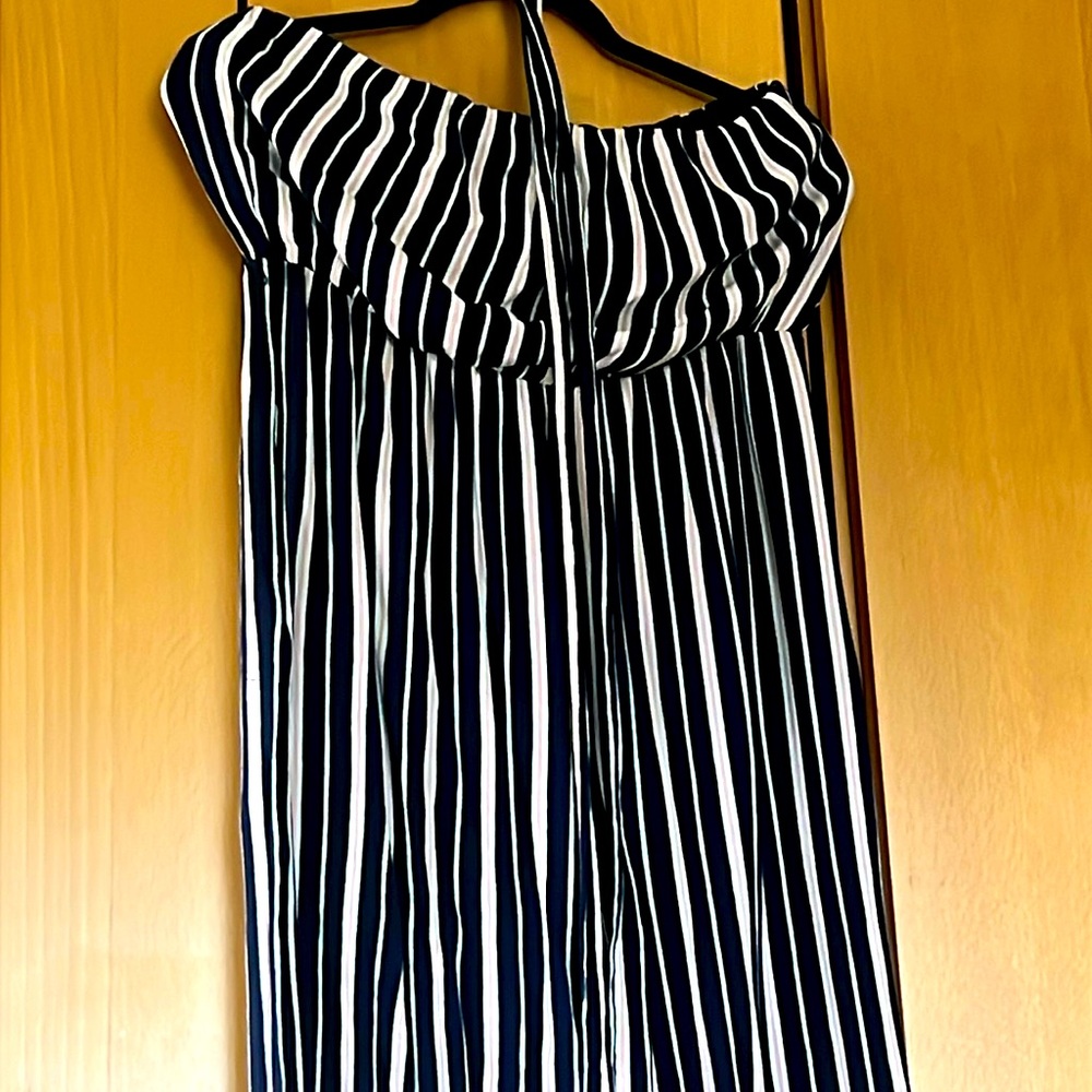 Navy striped belted tube top jumpsuit size medium